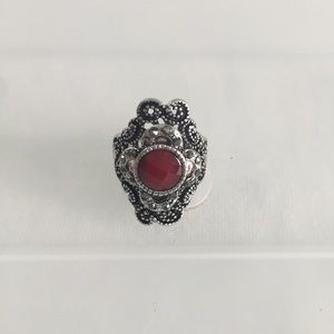 Silver Tone Ring With Red Stone.